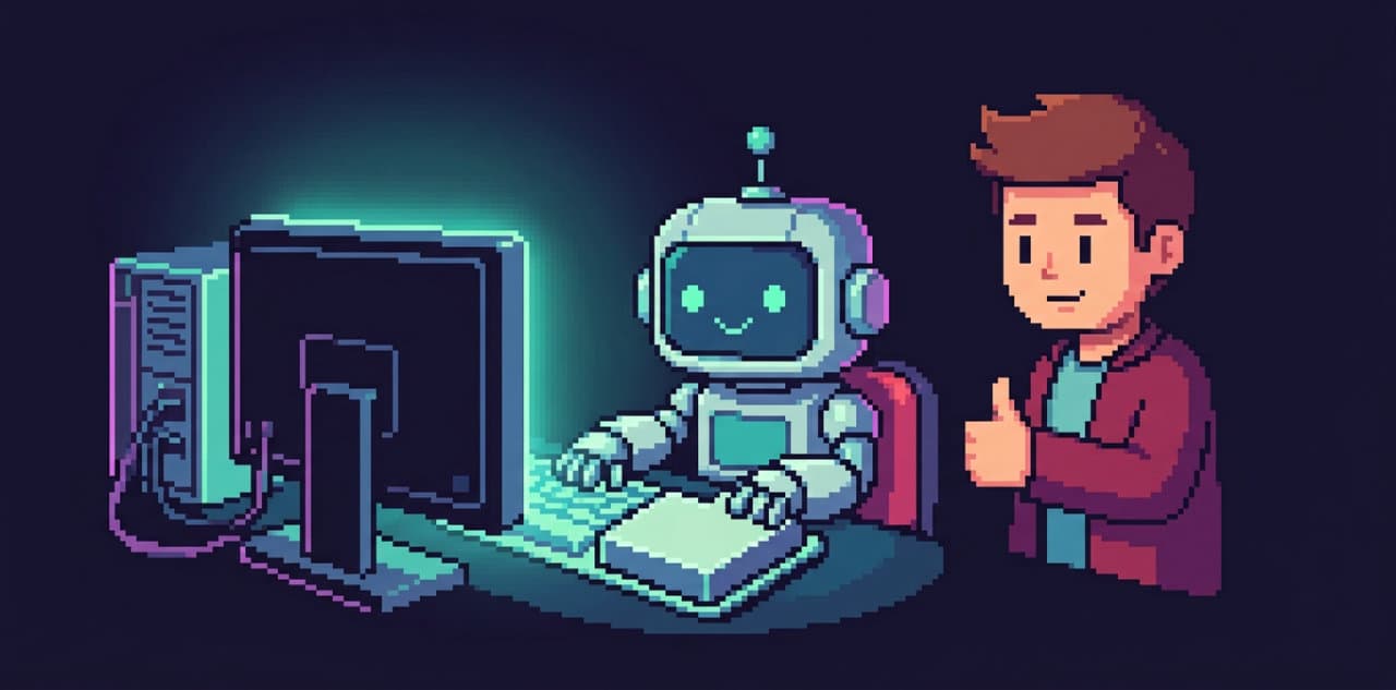 Robô em pixel art fazendo sinal de positivo na frente de um terminal