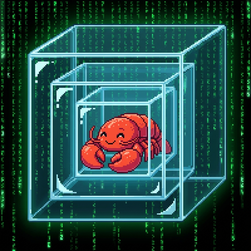 A cute pixel-art lobster safe inside nested glass boxes